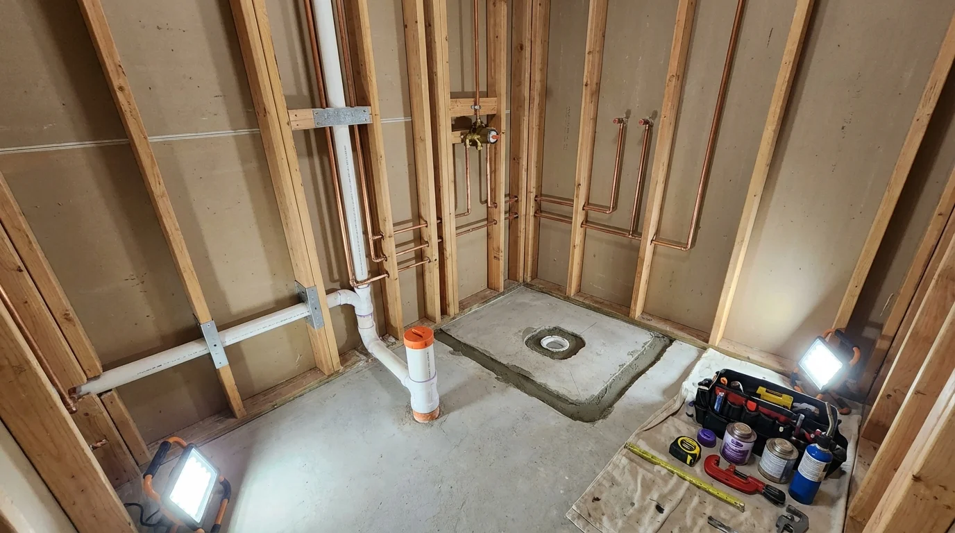 Bathroom rough-in plumbing during remodel by Johns Plumbing LLC in Crownsville