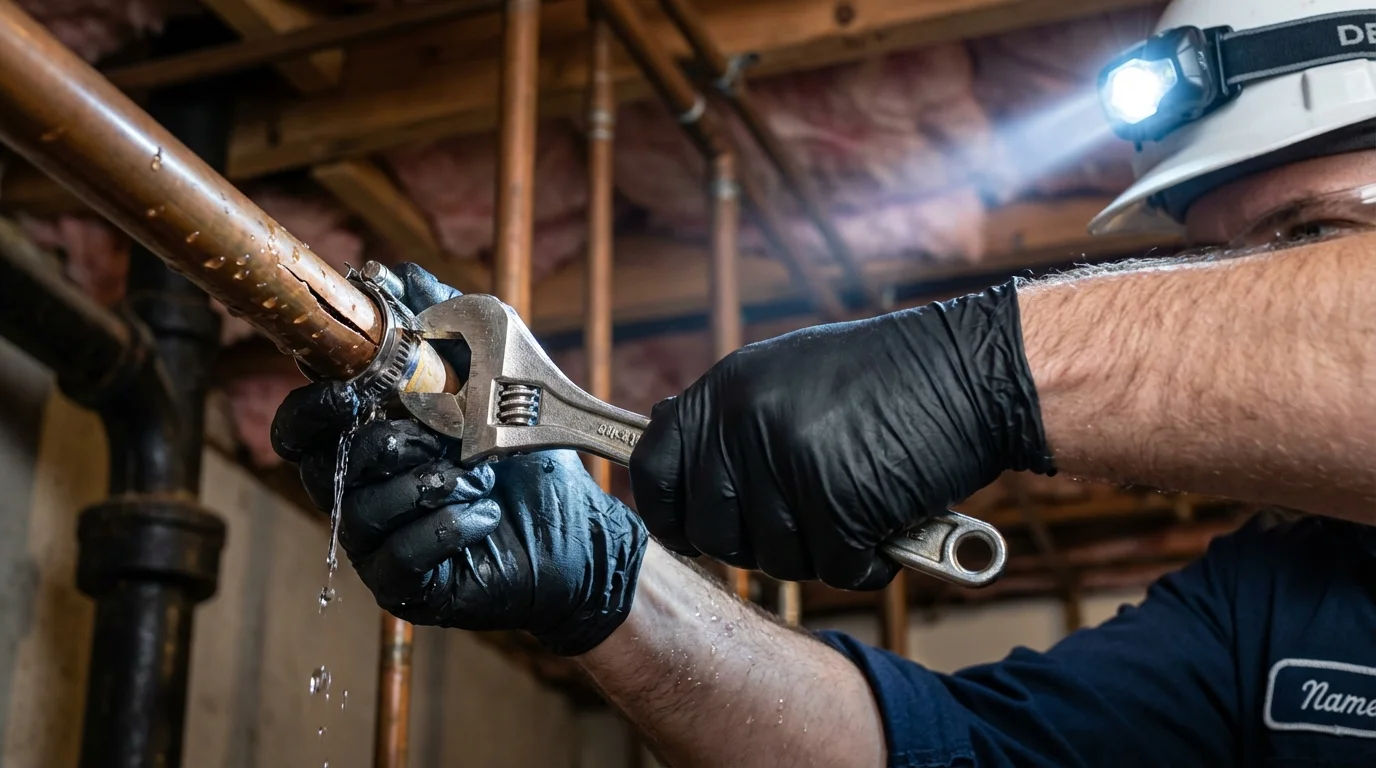 Emergency pipe clamp repair being performed by a Johns Plumbing LLC plumber in Crownsville