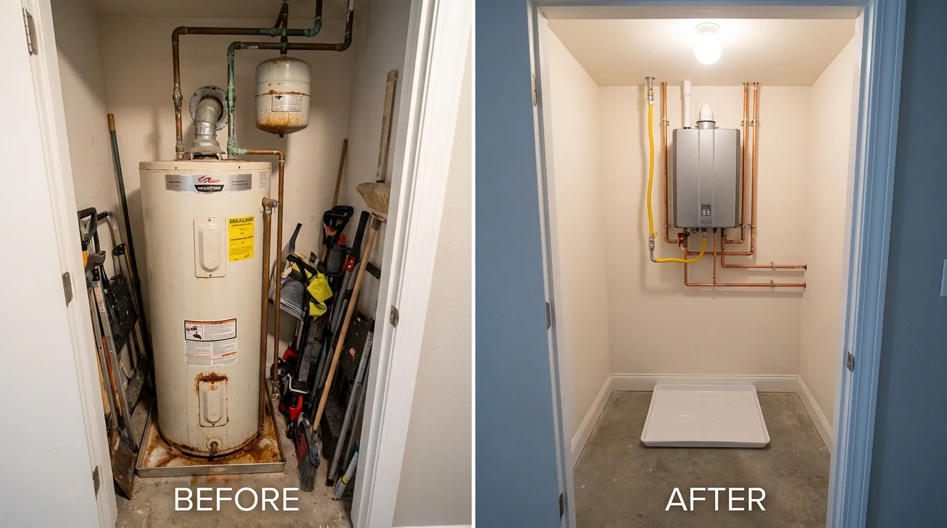 Tank water heater versus wall-mounted tankless unit comparison for Crownsville, MD homeowners
