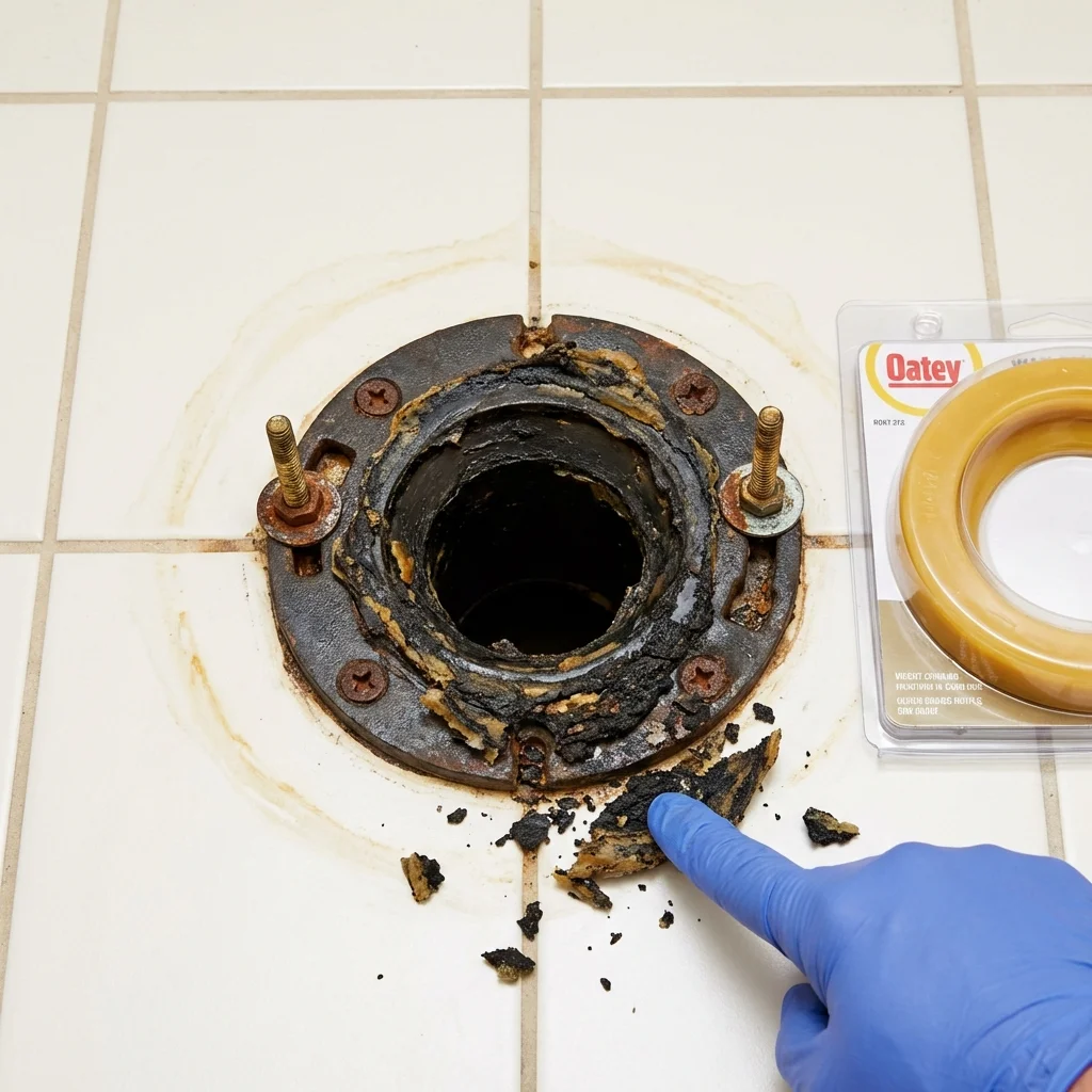 Failed wax ring showing water seepage at the base of a toilet in a Crownsville, MD home