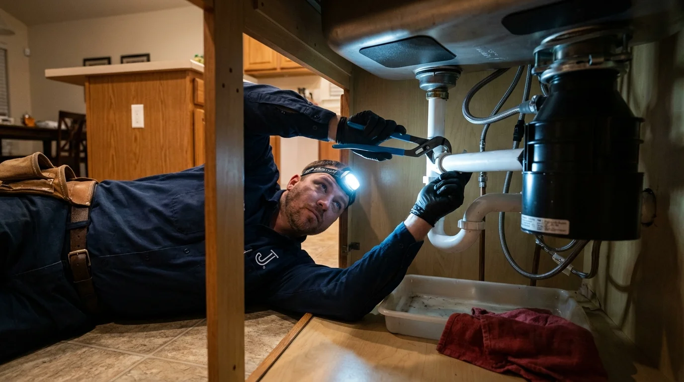 P-trap and supply line connections under a kitchen sink showing a common leak point in Crownsville, MD